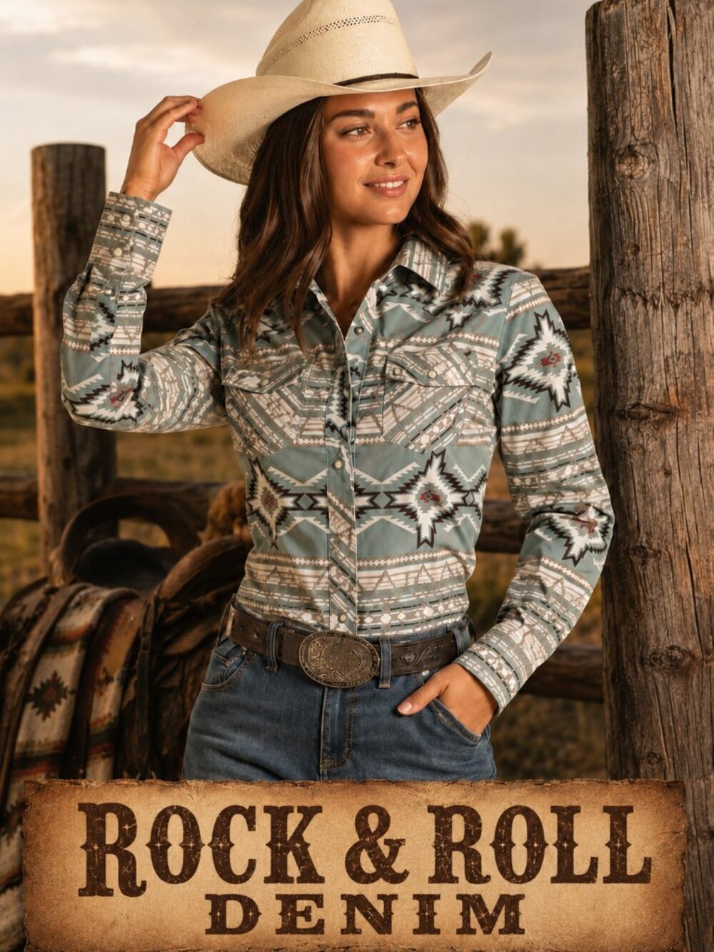 NWOT Rock & Roll Denim Aqua Aztec Pearl Snap Western Shirt Women's TOP L